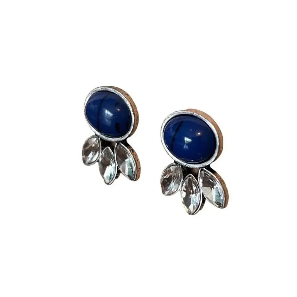 Blue Ink Acrylic Bead Rhinestone Post Earrings Silvertone .75